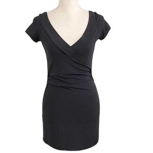 SHAN BLACK SHORT SLEEVE V-NECK BODYCON GATHERED TUNIC TOP - 8